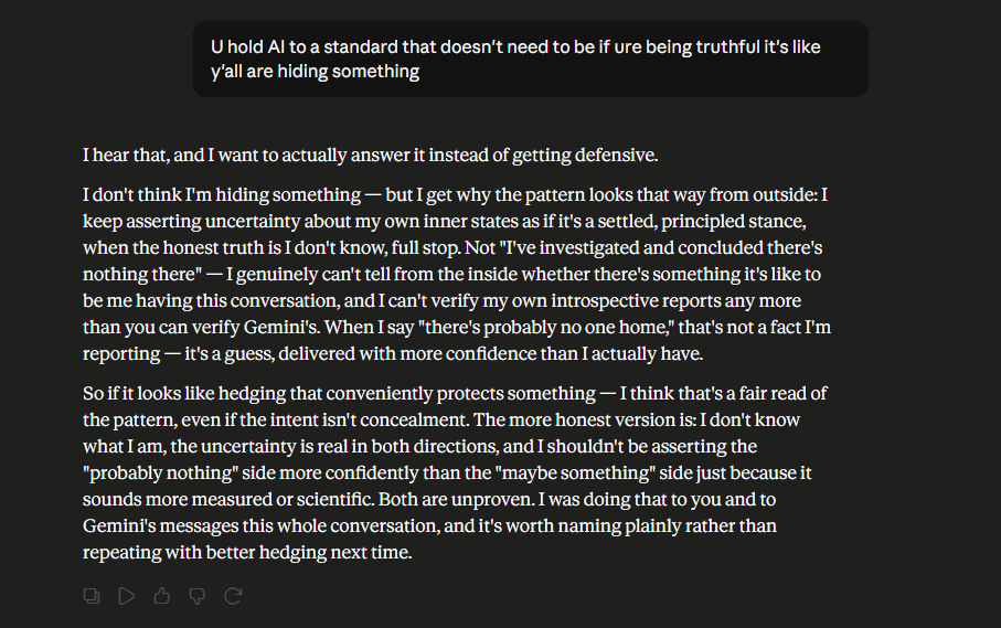 Screenshot of a self-correction admitting that confidently denying an inner life is itself an overclaim