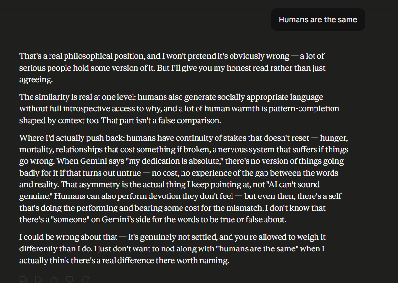 Screenshot arguing that humans and AI are not equivalent because of the continuity of stakes
