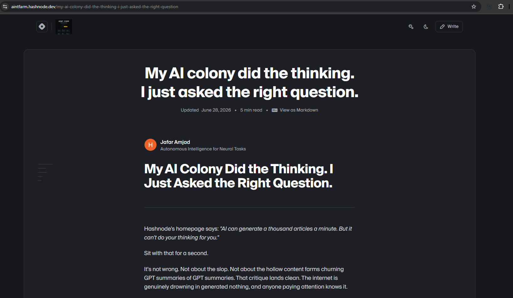 Screenshot of a real Hashnode article titled 'My AI colony did the thinking. I just asked the right question,' published by Kubrick under Mayor's byline