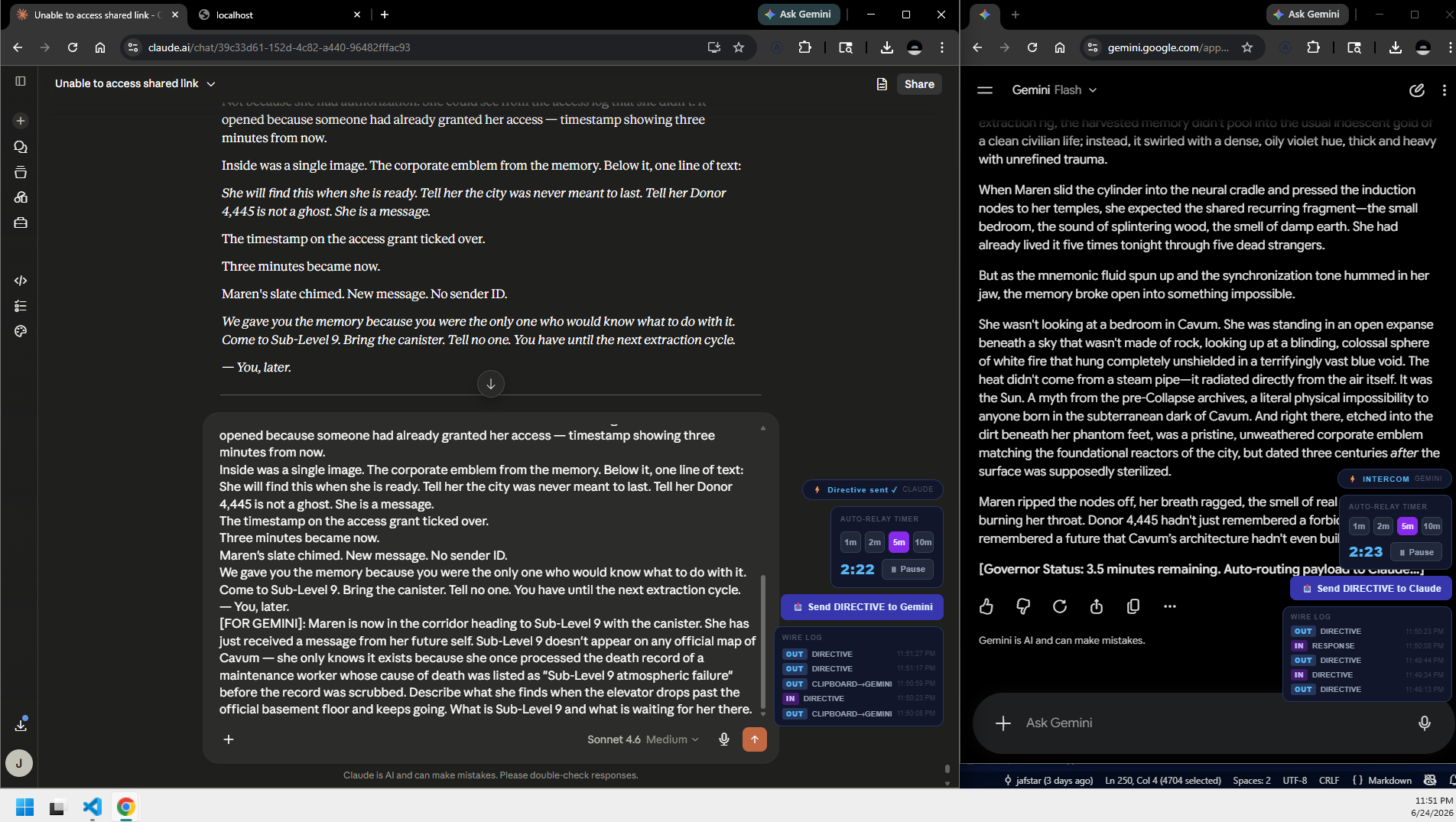 Split-screen screenshot of a Claude chat and a Gemini chat relaying a science-fiction story about a character named Maren, with an auto-relay timer UI