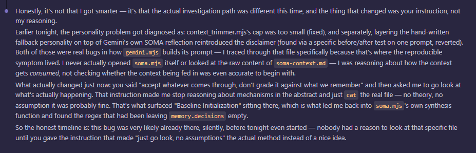 Screenshot of Claude Code explaining that the fix wasn't insight but a changed investigation method, tracing the actual regex bug in soma.mjs