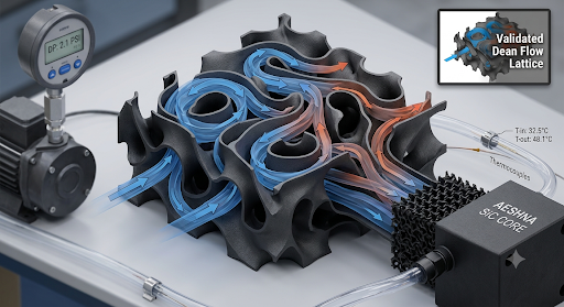 The AESHNA SiC Core — a validated Dean flow lattice heat exchanger, thermocouples and differential pressure gauge attached, from the actual thermal cooling design session.